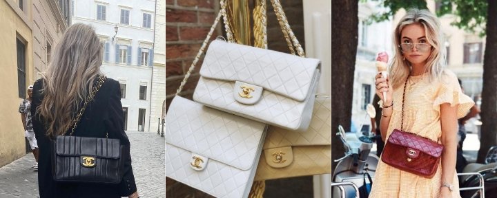 Three photo's of different styles of the Chanel Classic Flap bag.