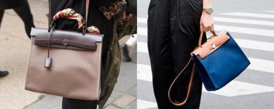 The Hermès Herbag in beige/sand and one in dark blue.